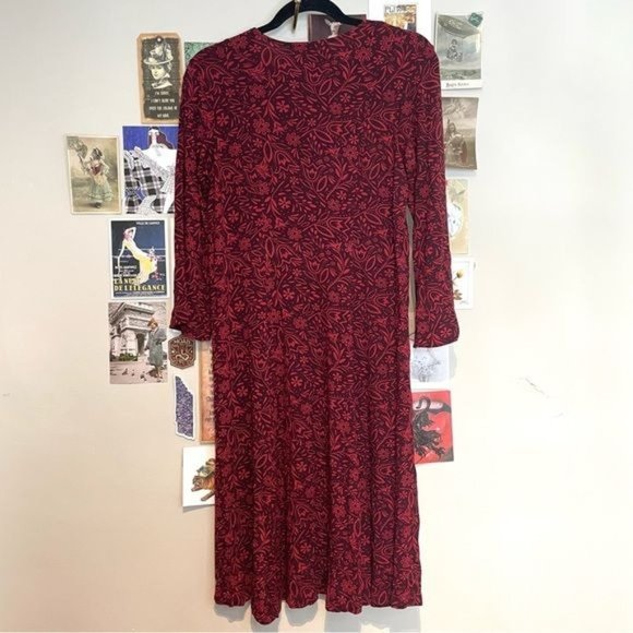 GUDRUN SJODEN MODAL JERSEY V NECK LONG SLEEVE KNEE LENGTH DRESS FLORAL RED M - Picture 2 of 6
